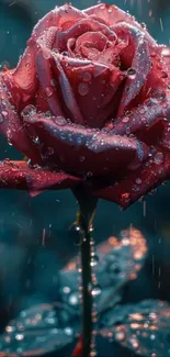 Dew-covered red rose with raindrops.