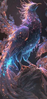 A neon fantasy bird art with glowing feathers and ethereal lighting.