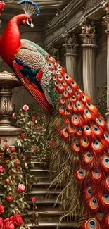 Vibrant peacock with colorful feathers among roses and classical columns.