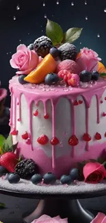 Pink cake with fruit and rose decorations on a platter.