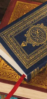 Ornate Quranic book with gold patterns on a vibrant blue cover.