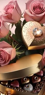 Pink roses and heart-shaped gift boxes create a romantic ambiance.
