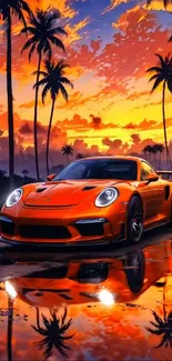 Orange sportscar reflecting in water against a sunset with palm trees.