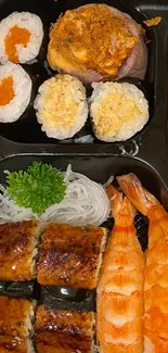 Sushi platter with assorted rolls and garnishes on a wooden table.