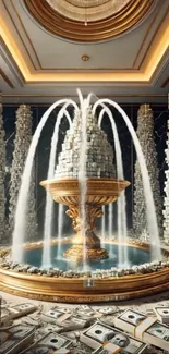 A grand indoor fountain spilling over stacks of money.