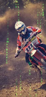 Motocross rider racing with digital code overlay on dirt track.