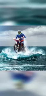 Motocross rider gliding over ocean waves in dynamic wallpaper.