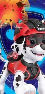 Dalmatian cartoon in red gear on blue background with dynamic explosion effect.