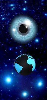 Cosmic image with a blue eye and Earth on a starry background.