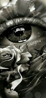 Abstract eye and rose art in monochrome.