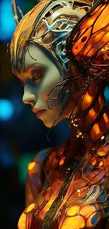 Futuristic cyborg art with glowing orange and blue elements.