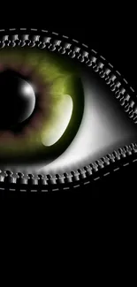 Mobile wallpaper showing an eye with zipper design on black background.