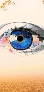 Artistic wallpaper featuring a blue galaxy eye with floral accents on a beige background.