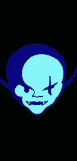 Blue devil face with bold outlines on a dark background.