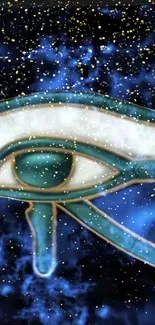 Eye of Horus with cosmic background in blue and gold hues, mystical design.