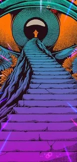 Surreal eye-themed wallpaper with colorful stairs and flowers.