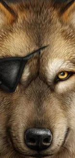 Majestic brown wolf with eye patch in striking wallpaper.