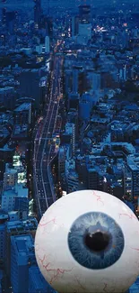 Surreal giant eyeball hovering above a vibrant cityscape at night.