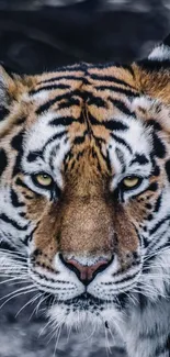 Close-up of a majestic tiger with intense gaze in the wild.