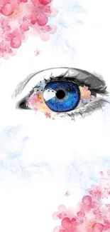 Blue eye with pink floral accents on a white background.