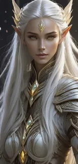 Elegant elven warrior with intricate armor and silver hair in a fantasy setting.