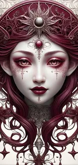 Art Nouveau mystical woman portrait with maroon details.