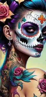 Vibrant sugar skull design wallpaper with intricate patterns and bold colors.