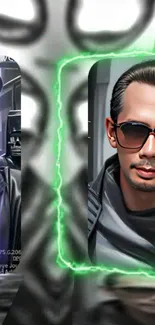 Futuristic digital wallpaper featuring dual portraits with neon frames.