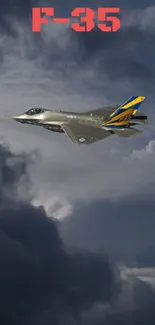 F-35 jet flying in stormy clouds, dramatic sky scene.