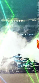 F1 car with smoke and vibrant lights at night.