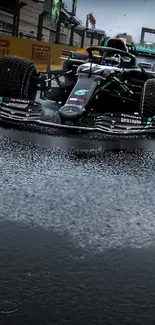 F1 race car speeding on a wet track, creating an exciting motion effect.