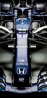 Sleek dark blue F1 racing car in high contrast mobile wallpaper.