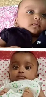 Two adorable babies on patterned blankets, looking curious and cute.