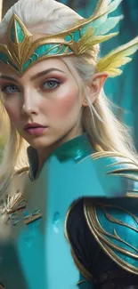 Fantasy elf warrior with teal armor and ethereal design in stunning detail.