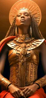 Regal figure in gold armor against a glowing backdrop.