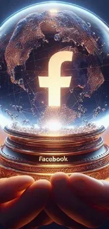 Hands holding a glowing globe with a Facebook logo inside.