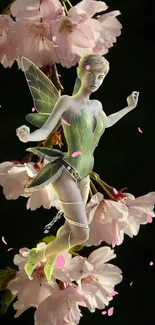 Green fairy amidst pink cherry blossoms, creating a whimsical nature wallpaper.