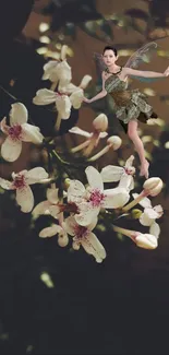 Fairy dancing among white blossoms on a dark background mobile wallpaper.