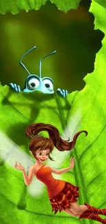 Fairy with ant on green leaf mobile wallpaper.