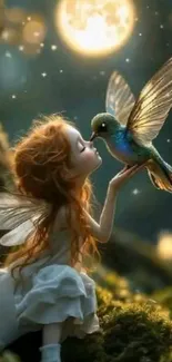 Fairy holds glowing bird in magical forest scene.