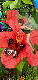 A fairy sitting on a red hibiscus surrounded by colorful butterflies.