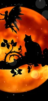 Silhouette of a fairy and cat against an orange moon in fantasy wallpaper.