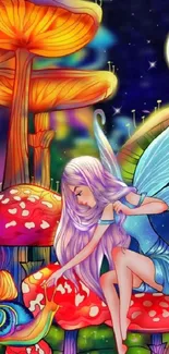 Fairy with mushrooms under a night sky.