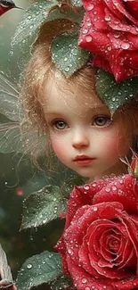 A fairy with roses and dew in an enchanting mobile wallpaper.