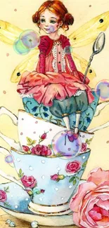 Whimsical fairy sits on floral teacups, delicate pastel tones throughout.