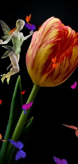 Fairy with tulip and butterflies on a black background.