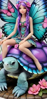 Fantasy fairy with wings on a turtle, amid colorful flora.