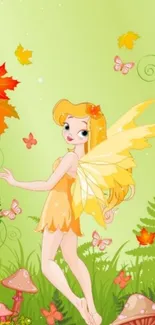 Autumn fairy in a colorful forest setting with leaves and mushrooms.