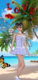 Fairy with butterfly at tropical beach with love inscription.