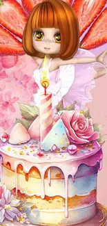 Whimsical fairy with strawberry wings on a birthday cake in a pink floral setting.